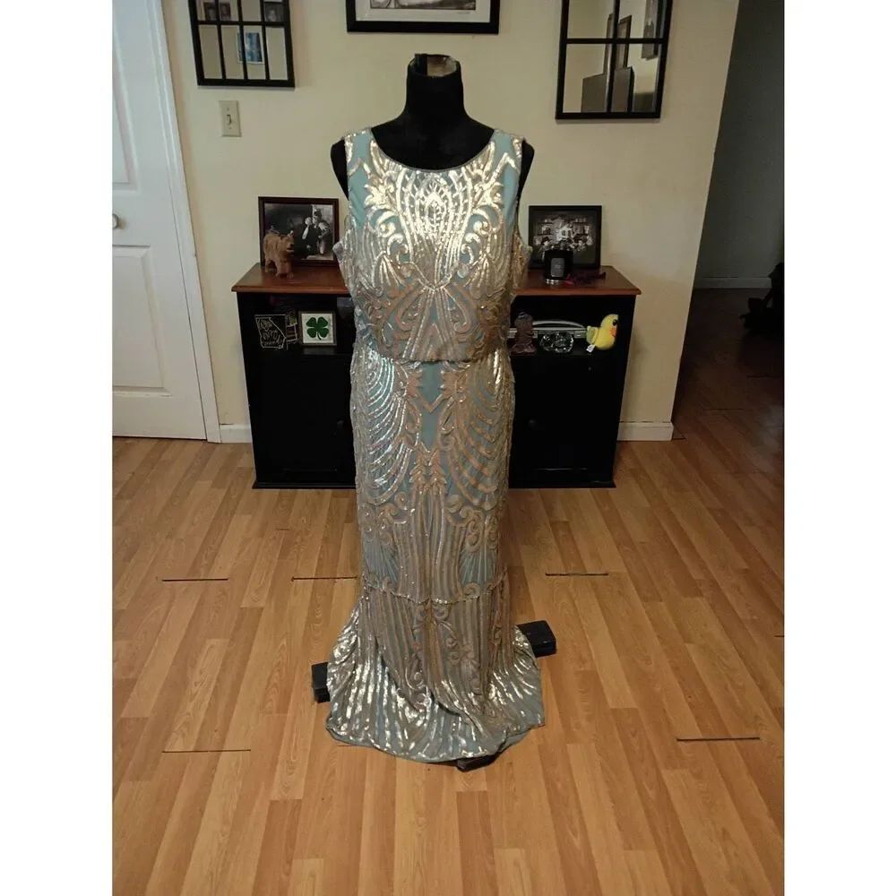 R&M Richards Sequin Gown Size 14 Blue Gold Metallic Geometric Maxi Dress 7380